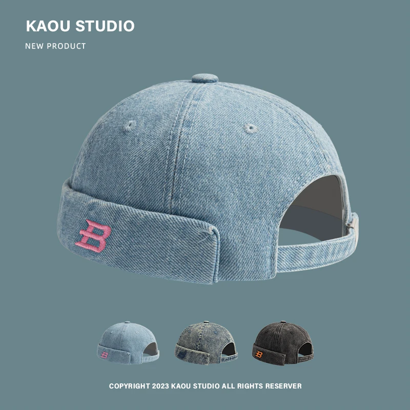 

Hip-Hop Brimless Landlord Hat Street Fashion Letter Embroidery Denim Melon Cap for Men