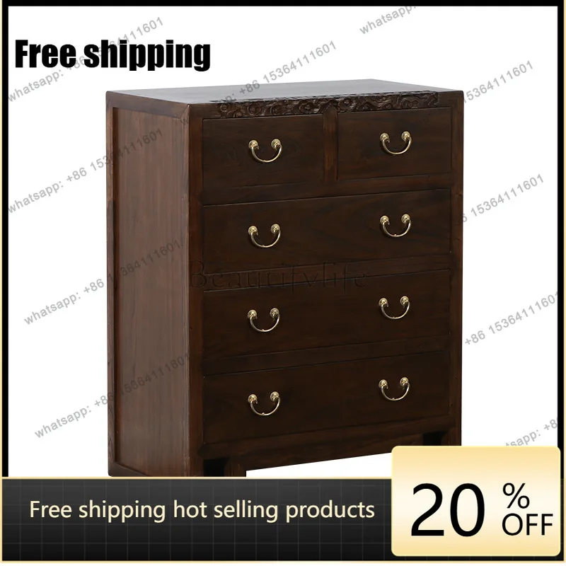 LS New Chinese Style Auspicious Cloud Carved Dresser Walnut-colored Drawer Five-Drawer Vintage Classic Storage Cabinet
