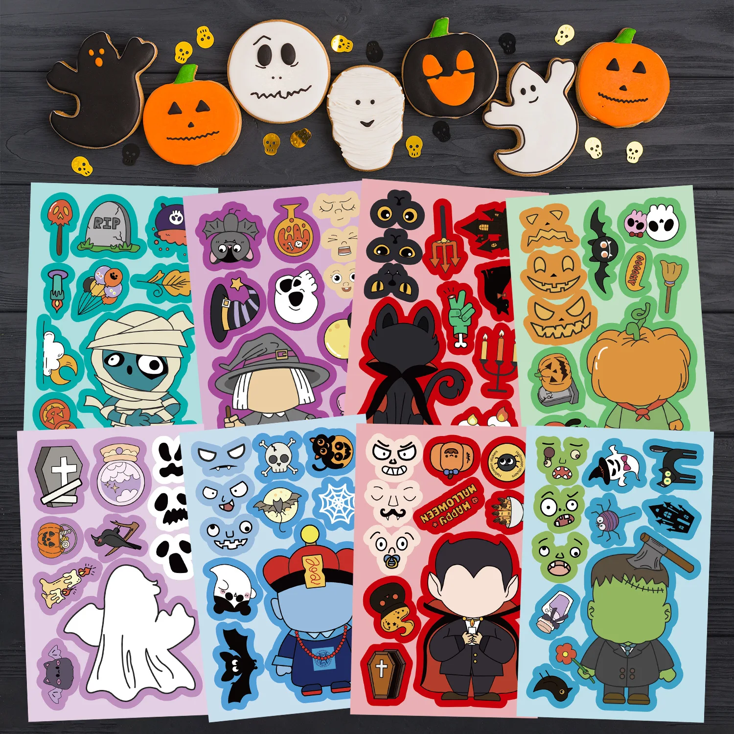 8/16sheets Ghost Vampire Make A Face Halloween Puzzle Stickers Make Your Own DIY Game Jigsaw Education Stickers Toys