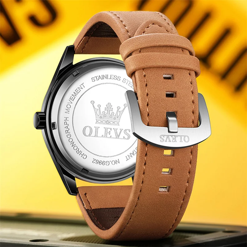 OLEVS New Fashion Mens Watches Top Brand Luxury Sport Waterproof Brown Leather Watches Men Quartz Clock Relogio Masculino+Box