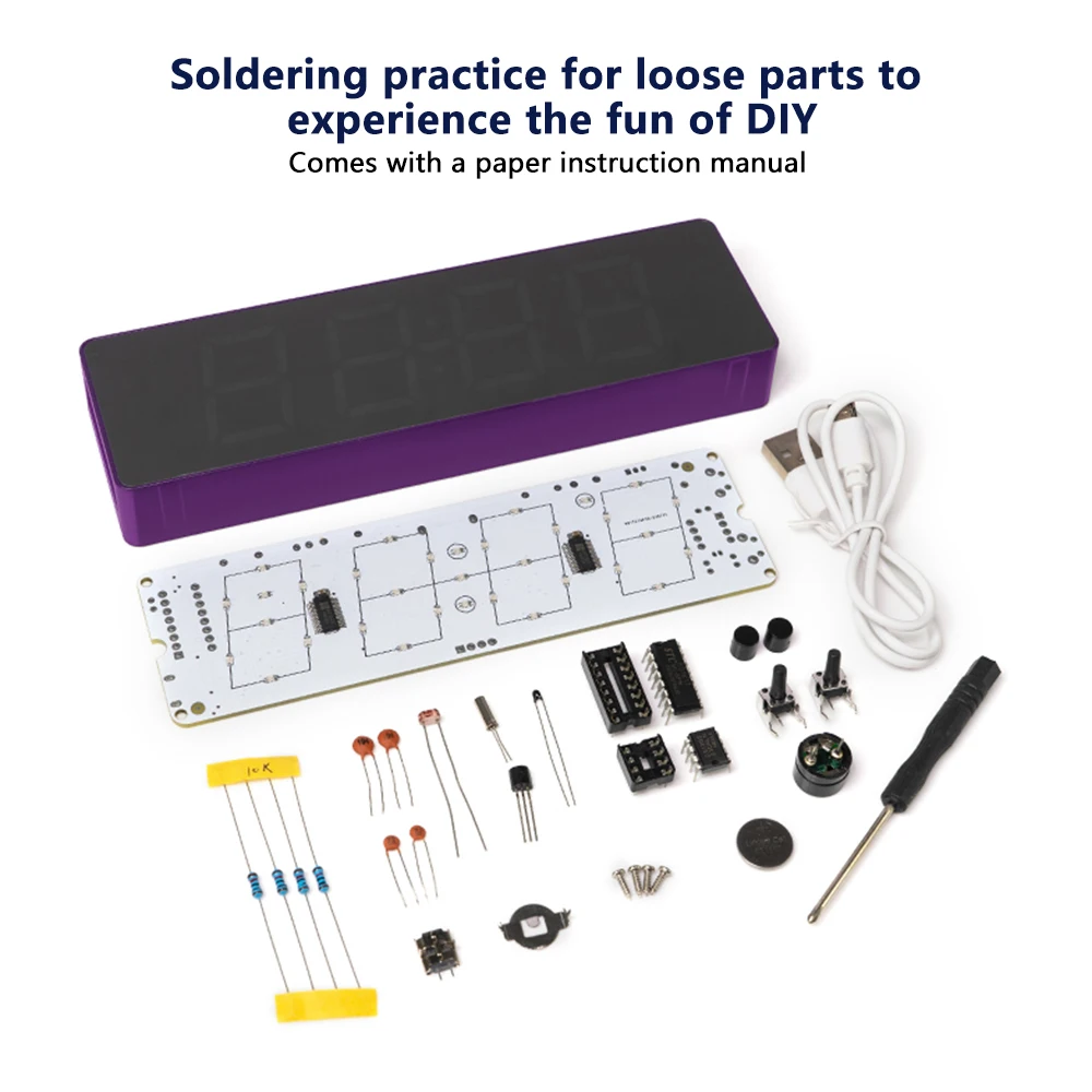 DIY Electronic Clock KIT Colorful LED Microcontroller Kit Digital Clock Time Electronic Soldering Assembly White/Purple/Blue