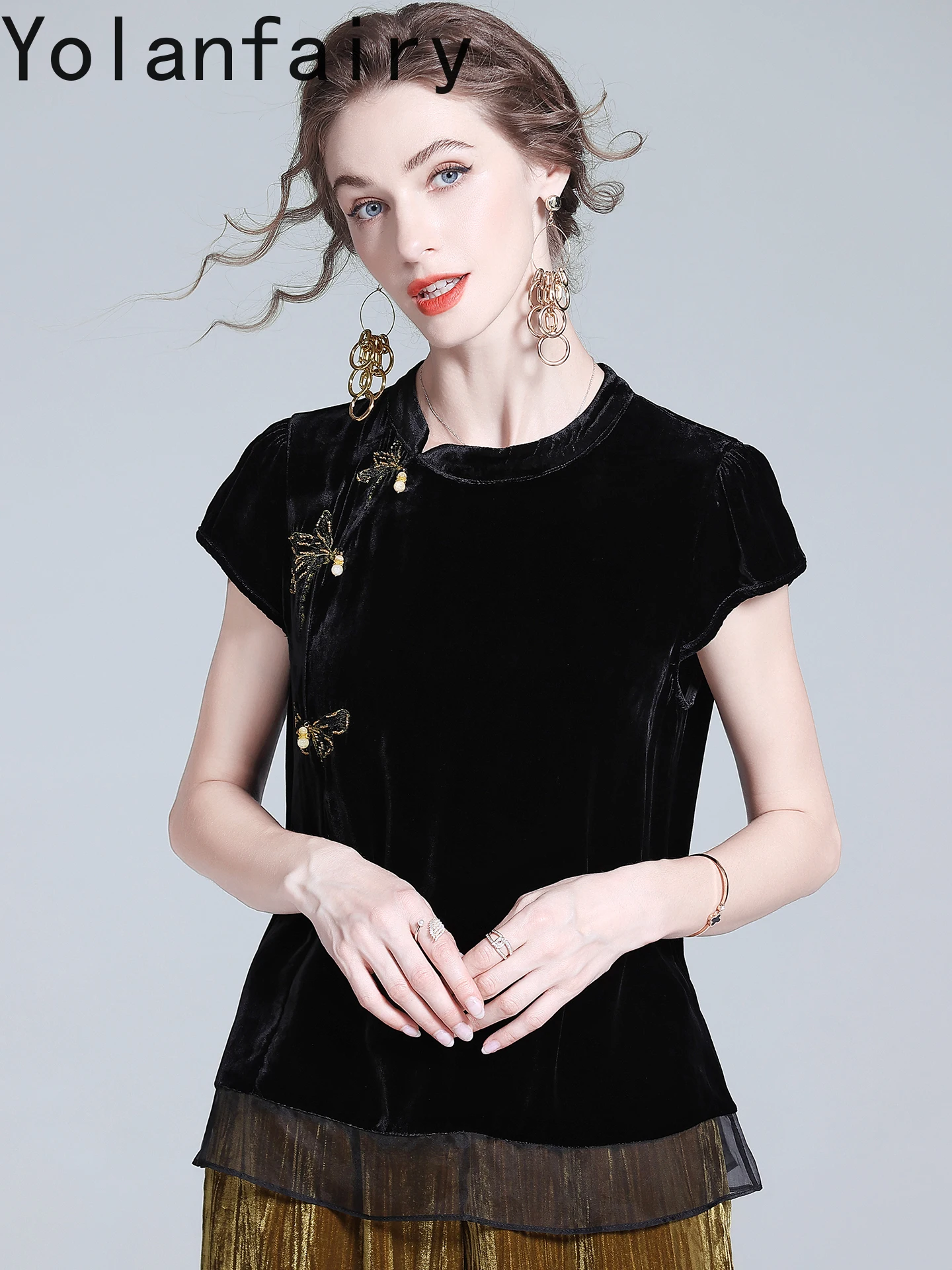 YOLANFAIRY Genuine Mulberry Silk Velvet T Shirts Woman Summer Autumn Chinese Style Embroidery Tee Shirt Femme Tops and Blouses