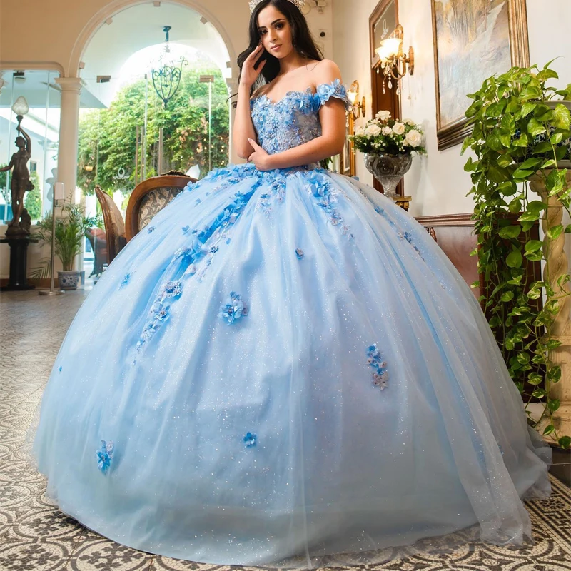 

Sky Blue Cinderella Quinceanera Dresses 2023 Off Shoulder Ball Gown Sweet 16 Dress Beading 3D Appliques Birthday Party Gowns