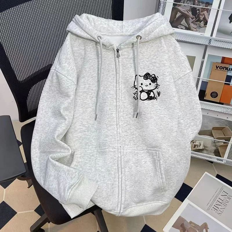 

Sanrio Girl Long Sleeved Zipper Hooded Sweatshirt Spring Autumn Cartoon Hello Kitty New Print Cute College Style Leisure Jacket
