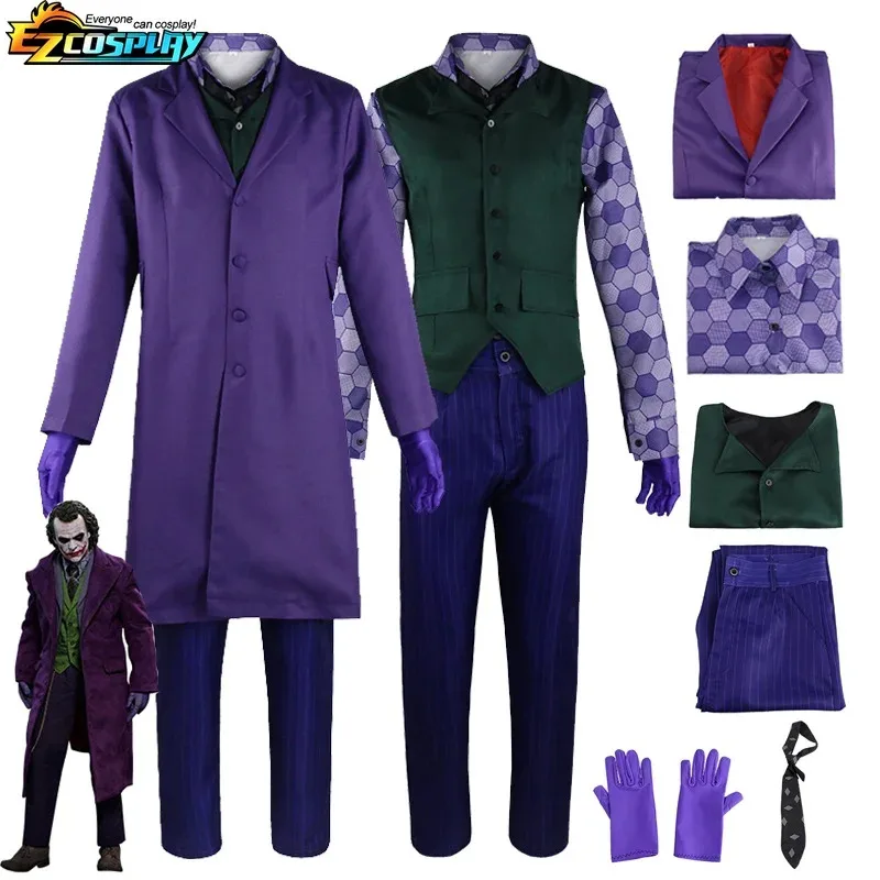 Heath Ledger Joker เครื่องแต่งกาย Dark Knight, ชุดเสื้อสีม่วงสมบูรณ์, ชุดคอสเพลย์สําหรับวันฮาโลวีน