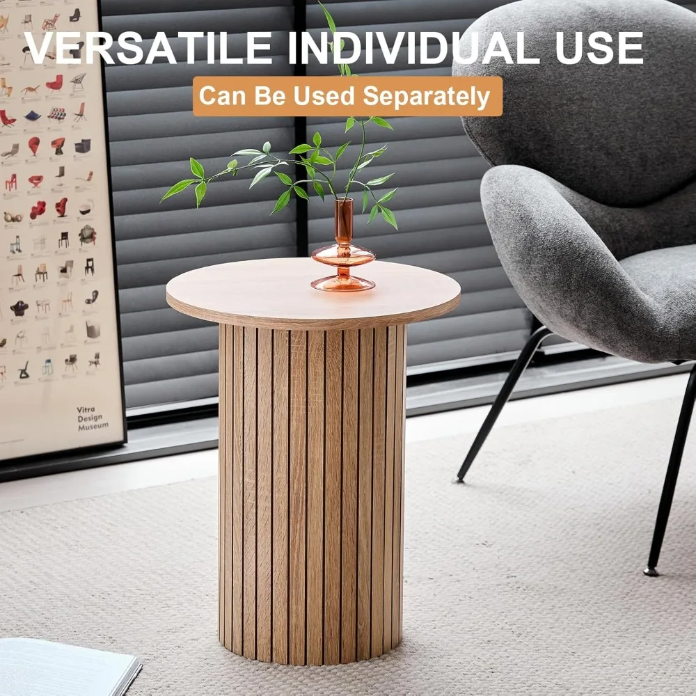 Round Nesting Coffee Tables Set of 2 -φ27.6 Large Short + φ15.8 Small Tall Boho Circle Side Tables with Fluted Drum Design, Natu