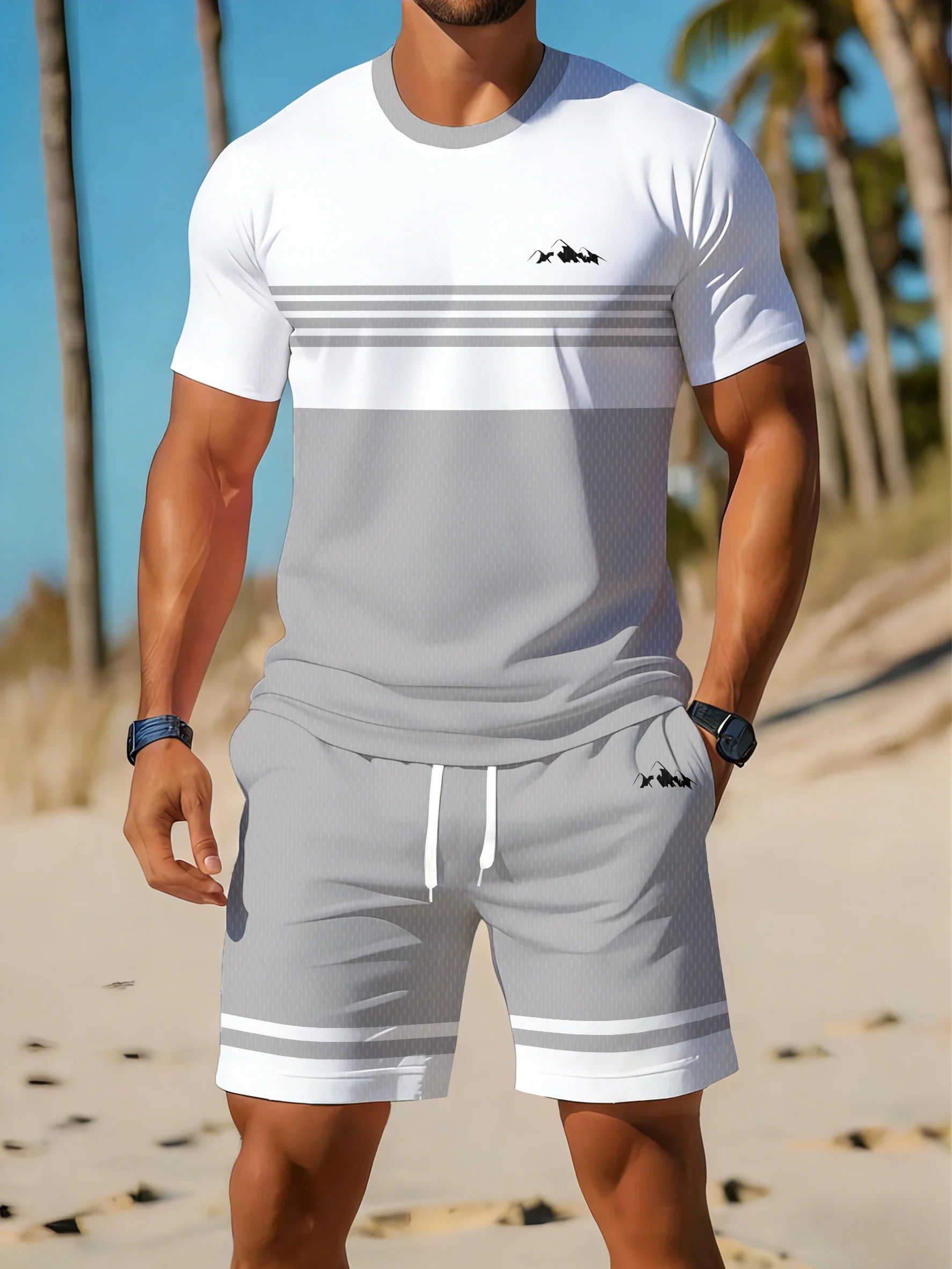 Fashion Men's Striped Print T-shirt And Shorts Suit Summer Holiday Beach Casual Short-sleeved T-shir