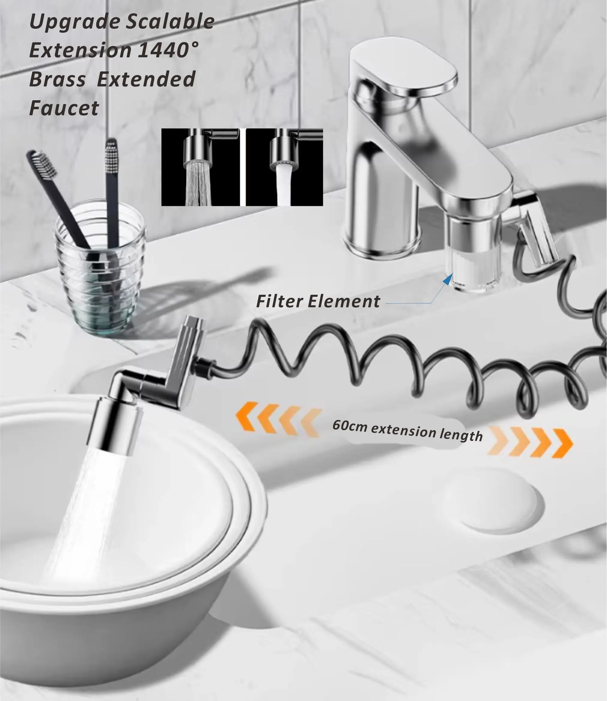 New Kitchen Faucet Extender 60cm Scalable 2 Modes Metal Universal Swivel Bubbler Nozzle 1440° Rotate Filtered Faucet Extension