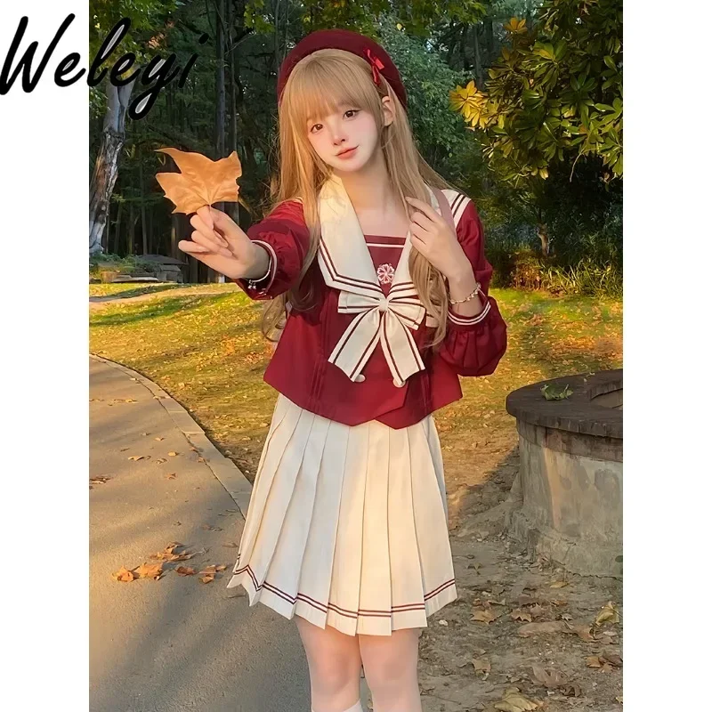 

Jirai Kei Kawaii Genuine Sailor Uniform Set Ropa Para Mujer Japanese Sweet Sailor Suit College Wind Long Sleeved Two Peice Sets