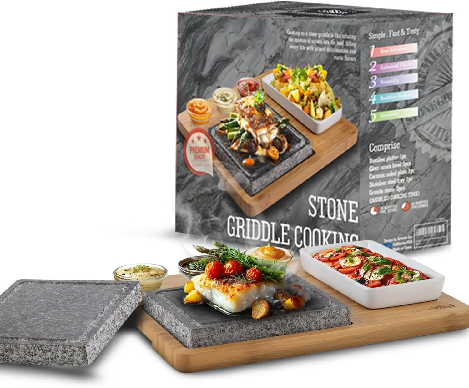 

Hot Stone Cooking Set for Steak - 2 Granite Grill Stones, Bamboo Tray & Sauce Bowls | Sizzling Plate for BBQ and Grilling