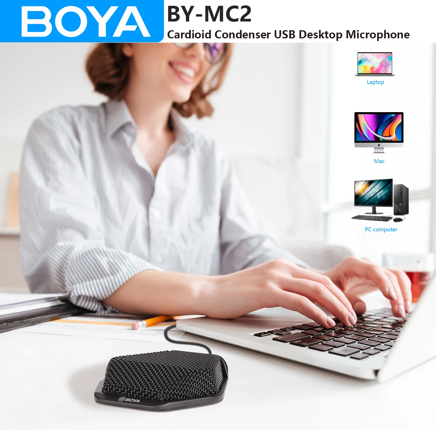 

BOYA BY-MC2 Cardioid Condenser Desktop Conference Meeting USB Microphone for Laptop Windows Mac Computers Streaming Recording