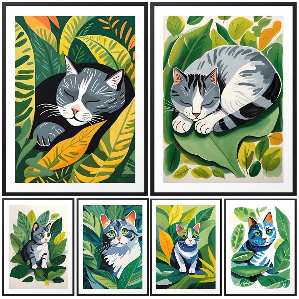 

Cartoon Cat Leaf Plant Scenery Prints Posters Wall Pictures For Living Room Nordic Poster Wall Art Canvas Painting Unframed