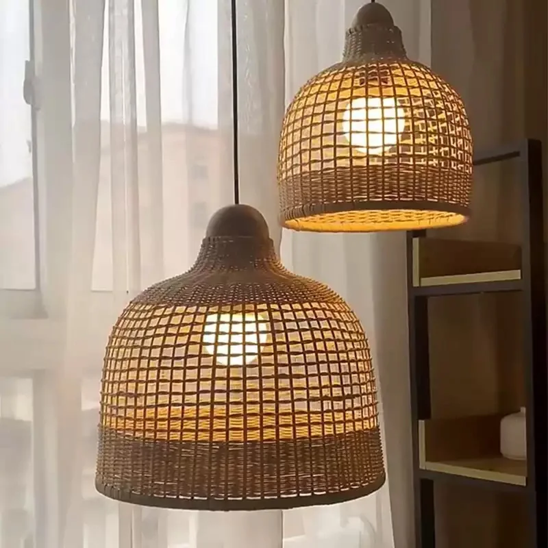 Japanese Retro Rotundity Handmade Rattan Weaving Ceiling Pendant Light Tea House Living Room Bedroom Restaurant LED Hanging Lamp