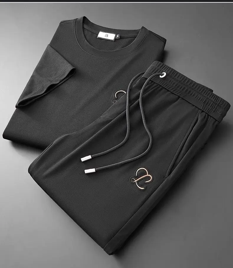 Summer Thin Ice Feel Leisure Sports Set Men's Fashion Short Sleeve T-shirt Trendy Handsome Two Piece Set