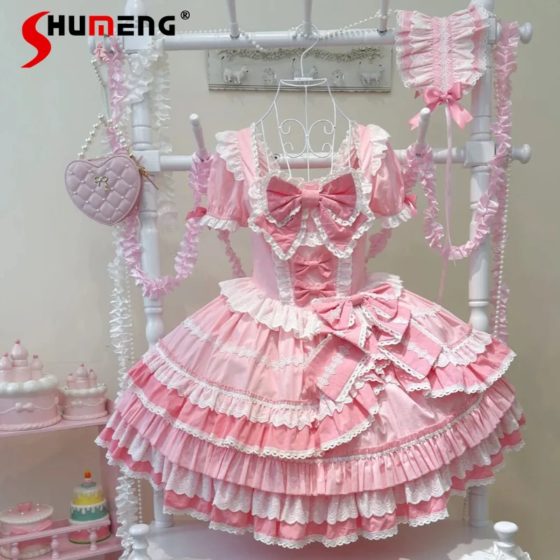 

Summer New Pink Lolita Cake Dresses Op Sweet Princess Cute Bow Slim-Fit Elegant Lo Birthday Dress Women's Flower Wedding Dress