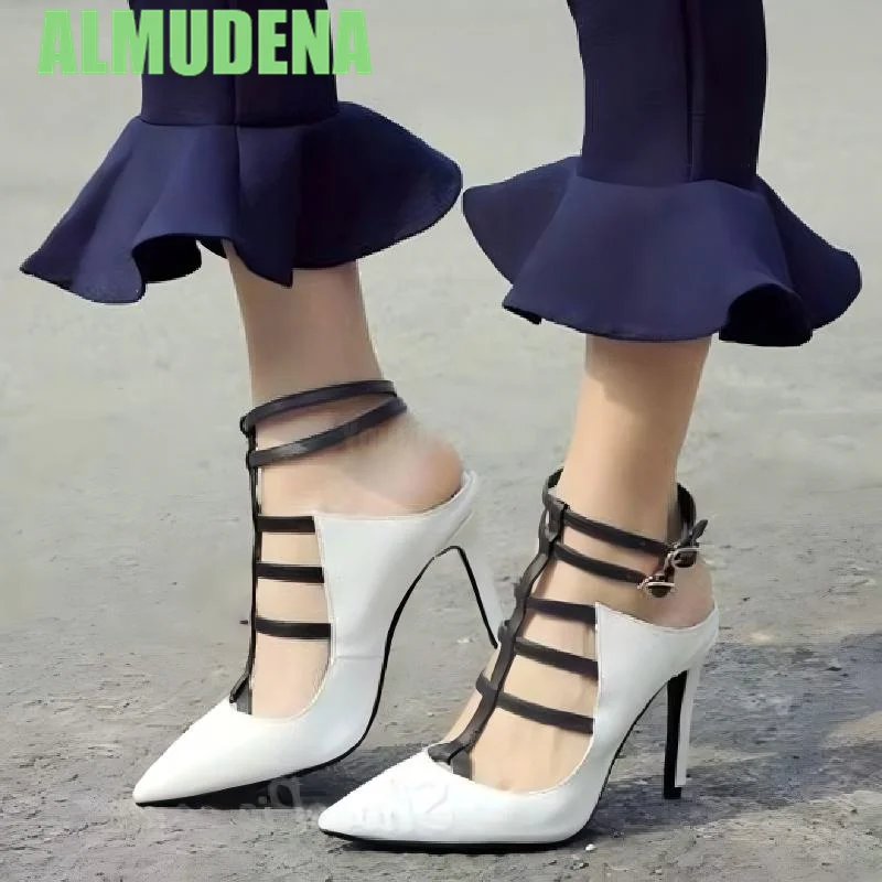 

Footback T-Shaped Strap Single Shoe Fashionable Pointed Shallow Buckle Strap Color Blocked Design Rear Empty Slim High Heels