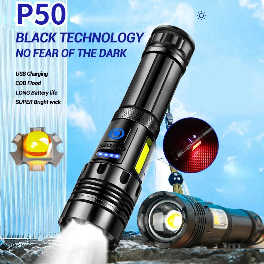 Super Bright XHP50 Powerful Led Flashlight Power Bank Torch Light USB Rechargeable Camping Tactical Flashlight with COB Lamp