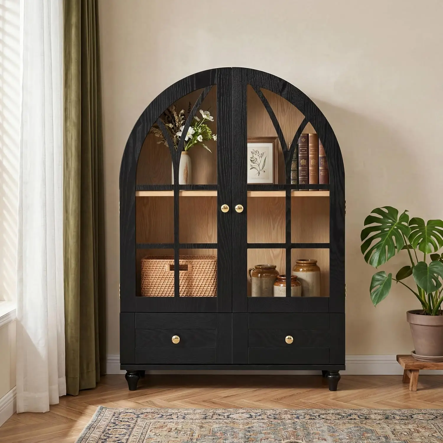 36.6 Inch Arched Display Cabinet Tempered Glass Doors Drawer Black Storage Solid Wood Legs Space Saving Accent Living Room Dinin