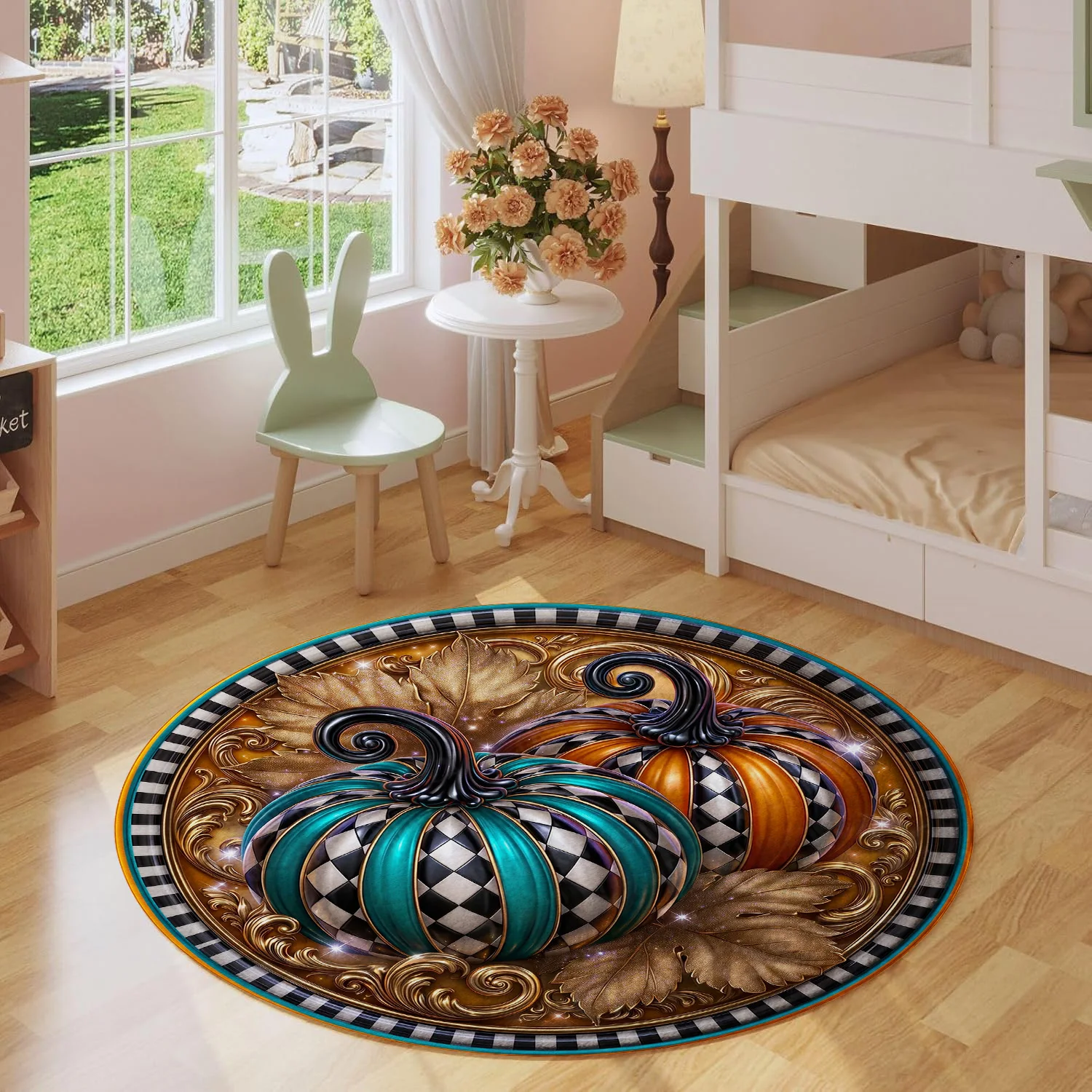 Halloween Pumpkin Harlequin Teal Orange Checked Plaid Pattern Holiday Luxury Round Mat Area Rug Home Decor