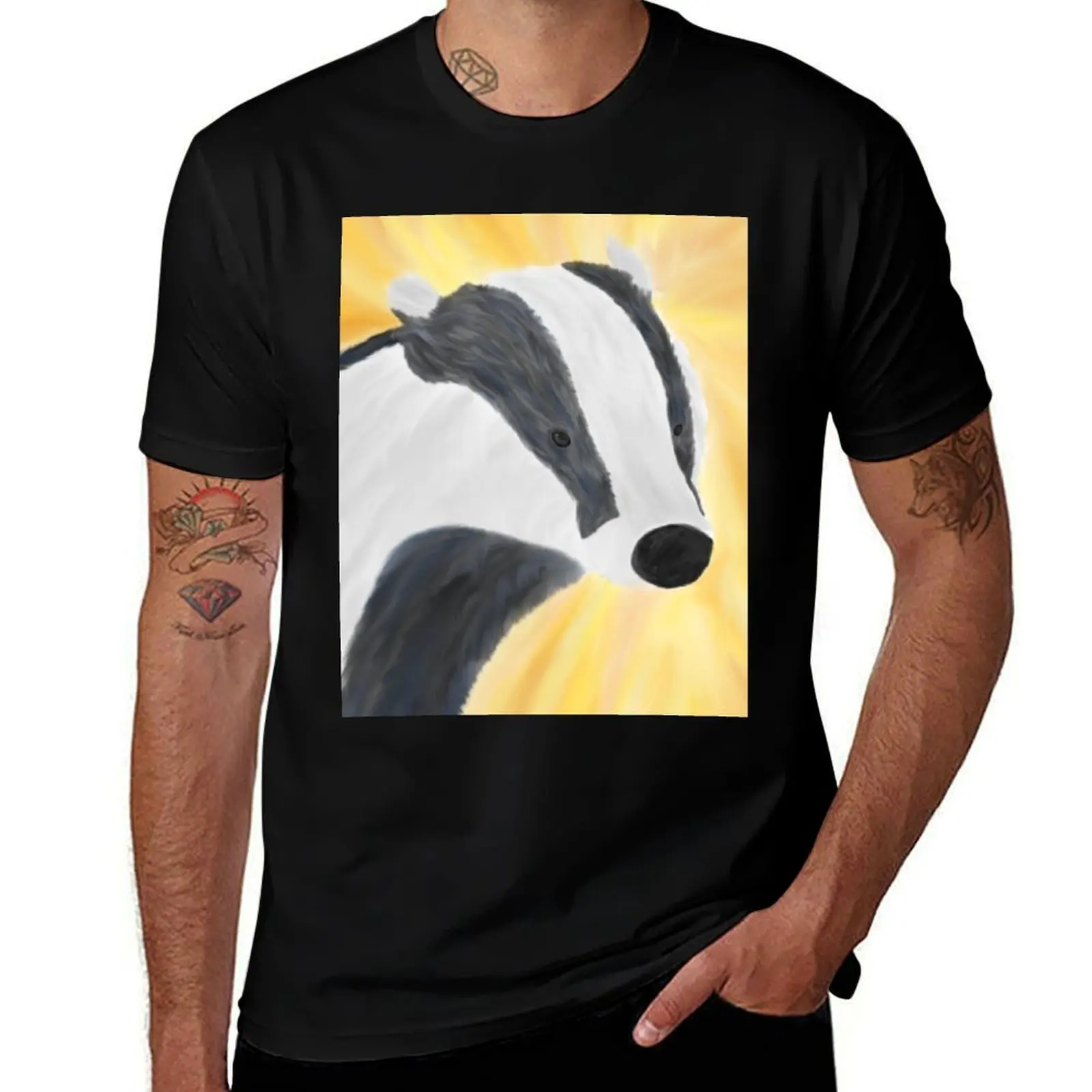 

European badger, oil painting T-Shirt Work Basic Short Sleeve Top