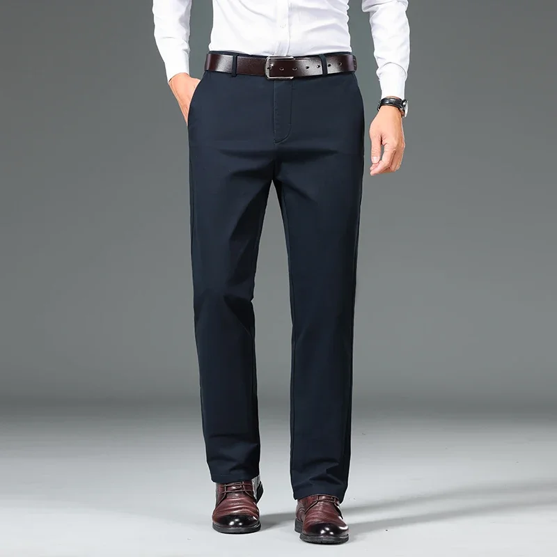 97.8% القطن سراويل تقليدية للرجال كلاسيكي مستقيم فضفاض منتصف العمر الأعمال مكتب البدلة بنطلون مريح مطاطا حك السراويل #5