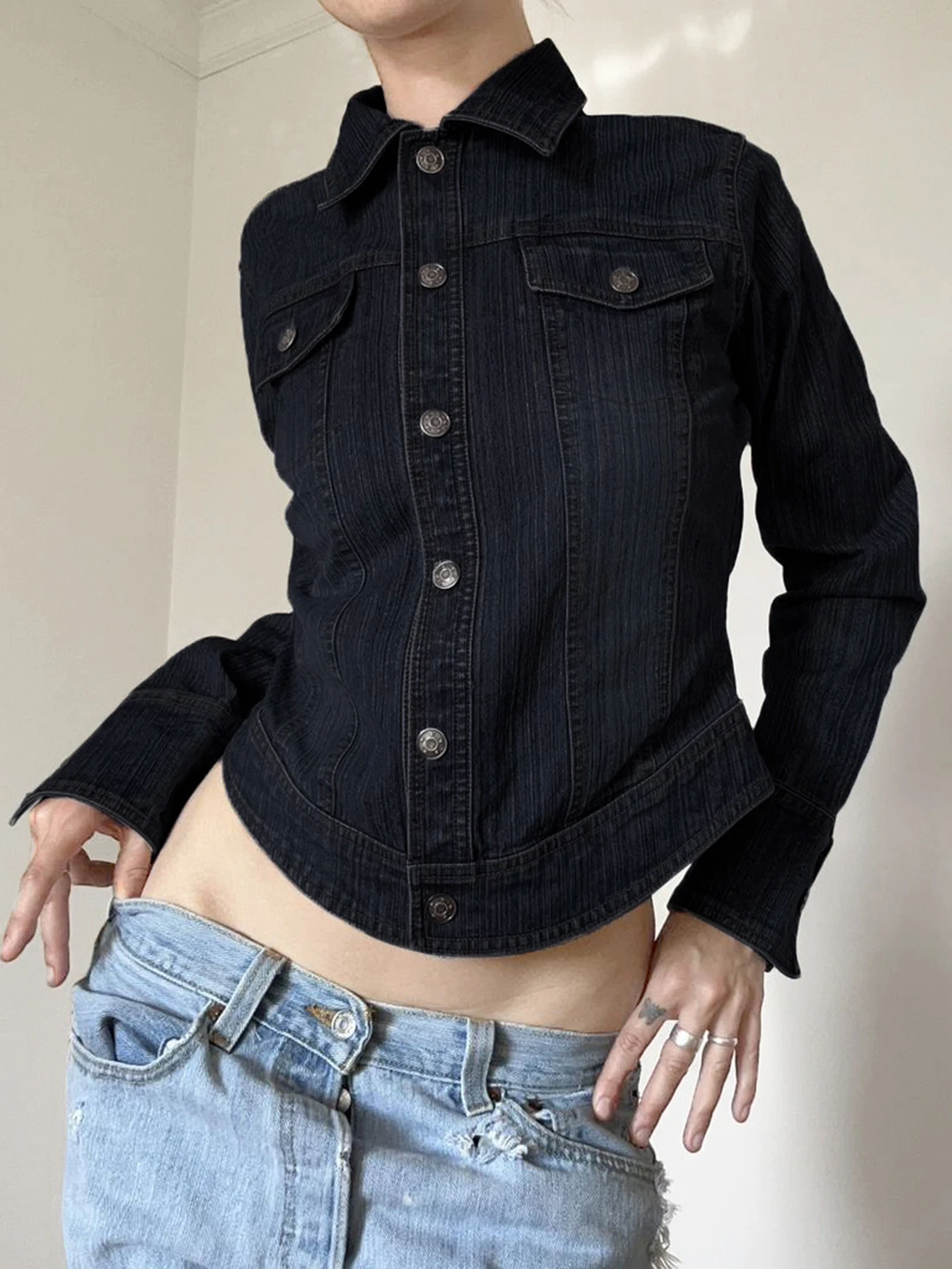 Weekeep Harajuku y2k Denim Jacket Casual Dark Blue Button-up Loose Pockets Cropped Coat Women Korean Fashion Clothing Streetwear