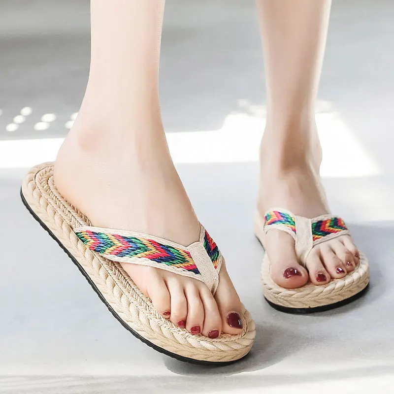 Beach Women\'s Sandals 2023 New Summer Slippers Bohemia Dress Flat Slides Casual Weave Ladies Flip Flops Beach shoes