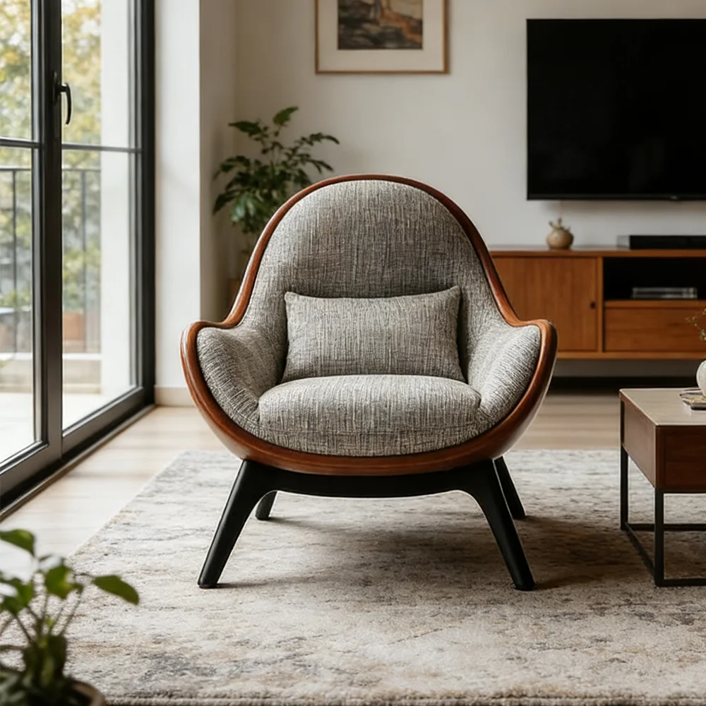klNordic Minimalist Solid Wood Frame Lounge Seat Padded Grey Fabric Reading Armchair Scandi Style Furniture Occasional Chairs！