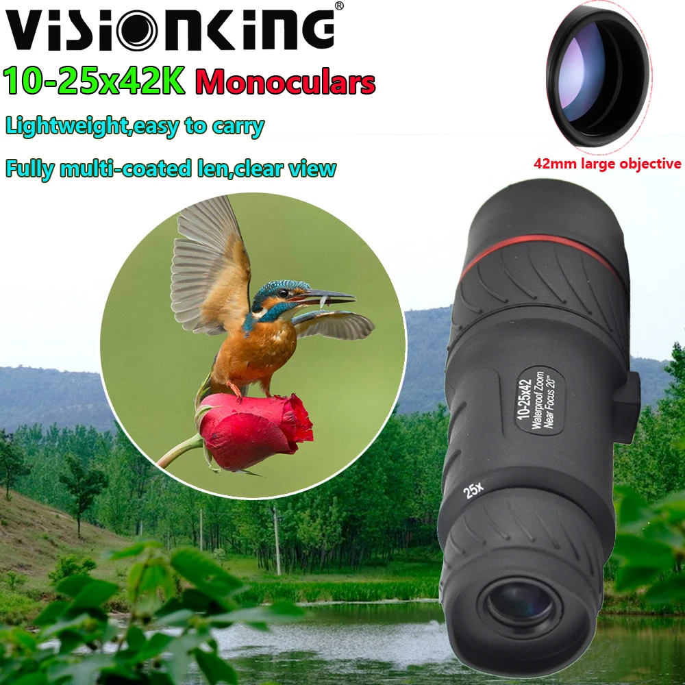

Visionking Водонепроницаемый 10-25x42 зум-монокуляр Профессиональный дальний диапазон для наблюдения за птицами на открытом воздухе Кемпинг Мощный телескоп с ручкой