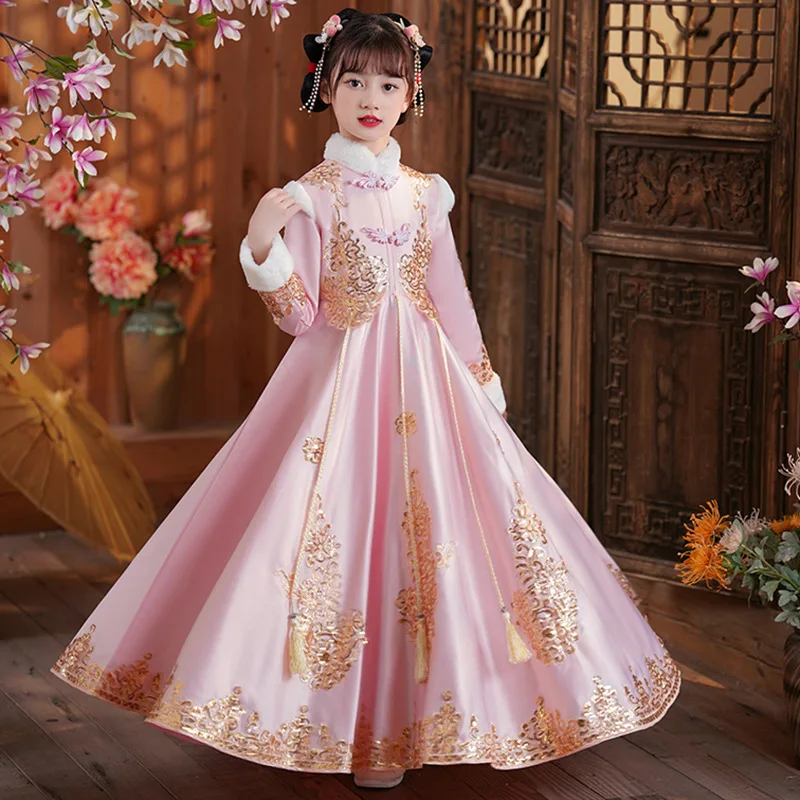 Ragazze rosso cinese nuovo anno abbigliamento bambini inverno Tang vestito Cheongsam fiore ragazza vestito antico principessa Hanfu Costume bambini