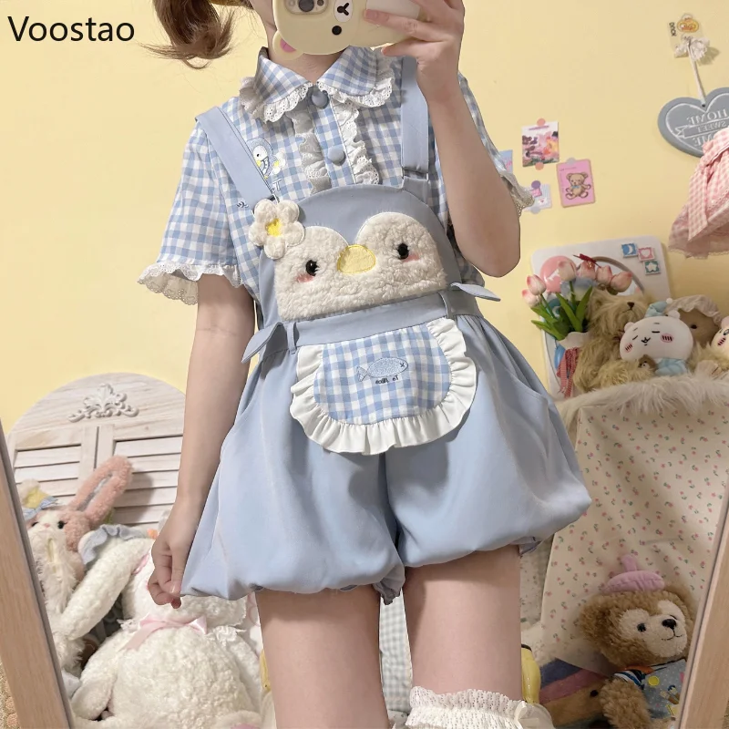 Sweet Lolita Style Shorts Set Women Kawaii Cartoon Embroidery Shirt Overalls Short Pants Suit Japanese Girl Cute Bloomers Shorts