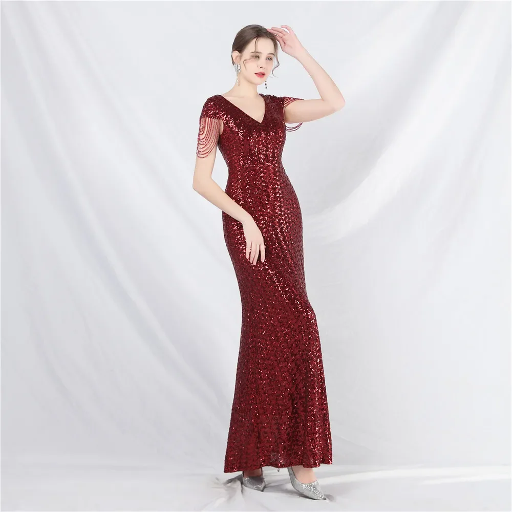 Robe de Soirée Extensible à Paillettes et Perles pour Femme, Tenue de Sirène, Trompent, Col en V, Fermeture Éclair au Dos, Longueur au Sol, Forme Formelle, Quelle que soit YE018