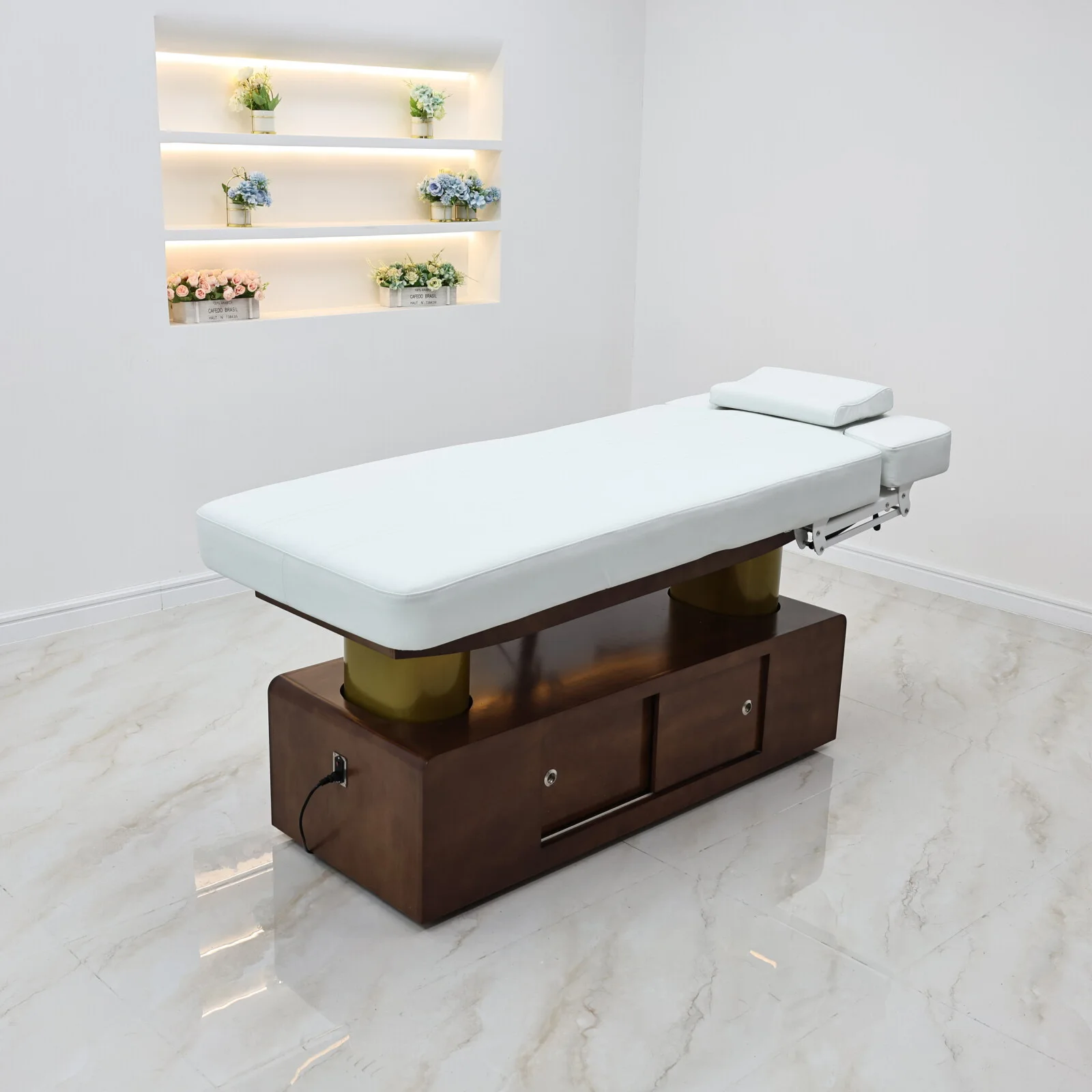 New Electric Adjustable Beauty Facial Bed Massage Table Wooden Storage Cabinet PU Leather Spa Salon Lash Bed Face Hole Wholesale