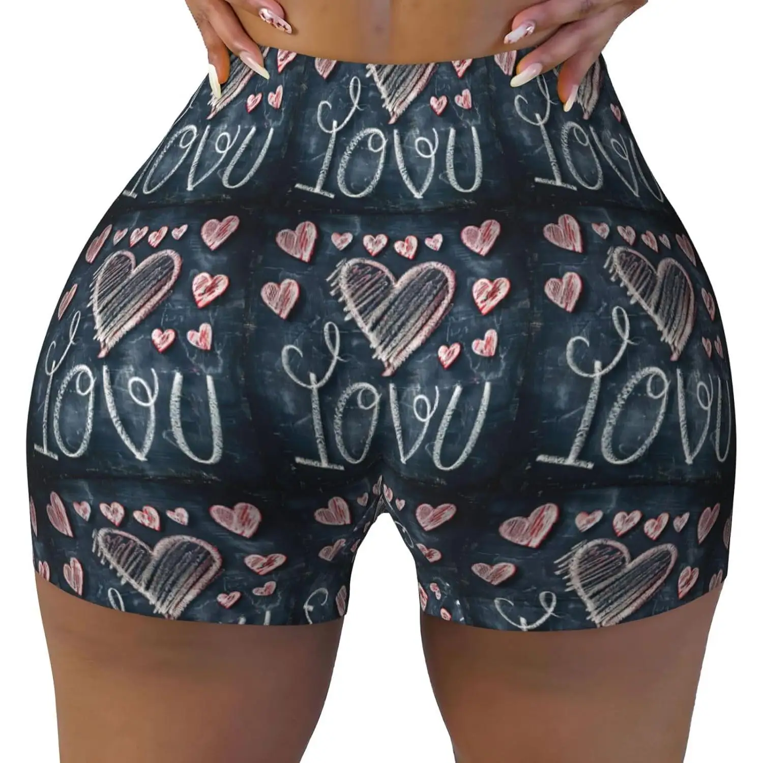 I Love You Words with Hearts Print Workout Short Summer Comfy Shorts Design Daily Wear Seamless High Waisted Contour