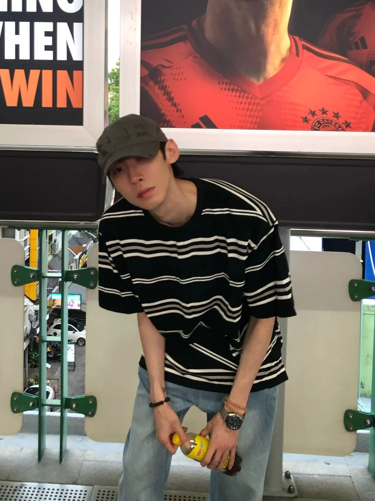 

Cleanfit Men's Stripe T-irt round Ne ort Sve Pure Cotton Summer High-End Feel f Sve Top Polyester Fiber