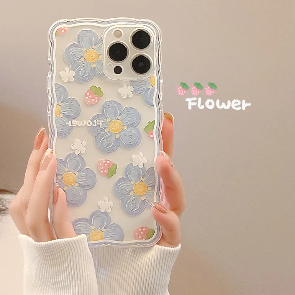 Art Wavy Blue Flower Strawberry Phone Case For iPhone 13 Pro Max Cases iPhone 11 14 15 12 13 Mini X Xr 7 8 Plus Xs SE Soft Cover