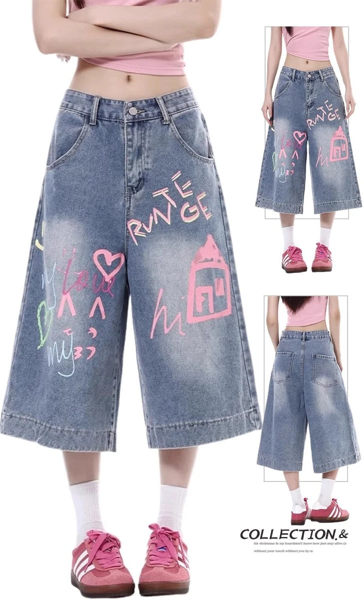 Pantalones cortos de mezclilla con estampado de grafiti Retro americano para mujer, novedad de verano, pantalones cortos holgados rectos de pierna ancha y cintura alta de 7 puntos