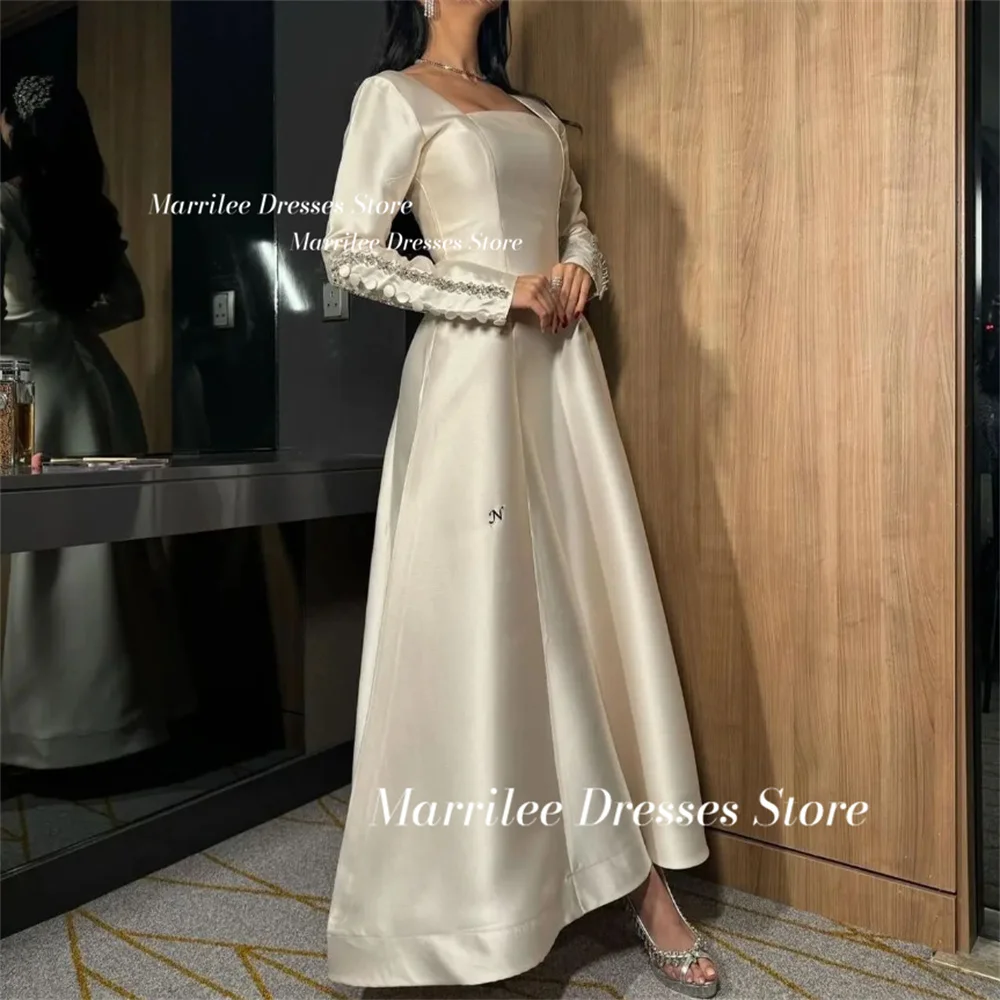 

Marrilee Elegant Champagne Square Collar Button Stain Long Sleeves Evening Dress فساتين Charming Ankle Length Sequins Prom Gowns