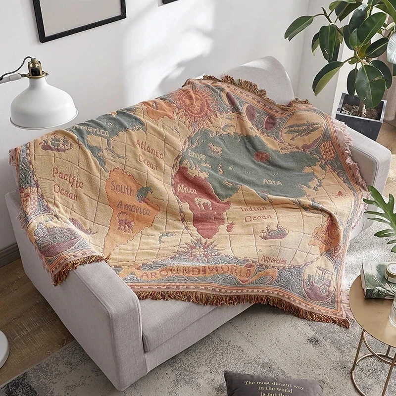 World map Cotton Bohemian Plaids Home Blanket Knitted Dustproof Sofa Cover Blanket Anti-Slip Decorative Blankets For Tea Table