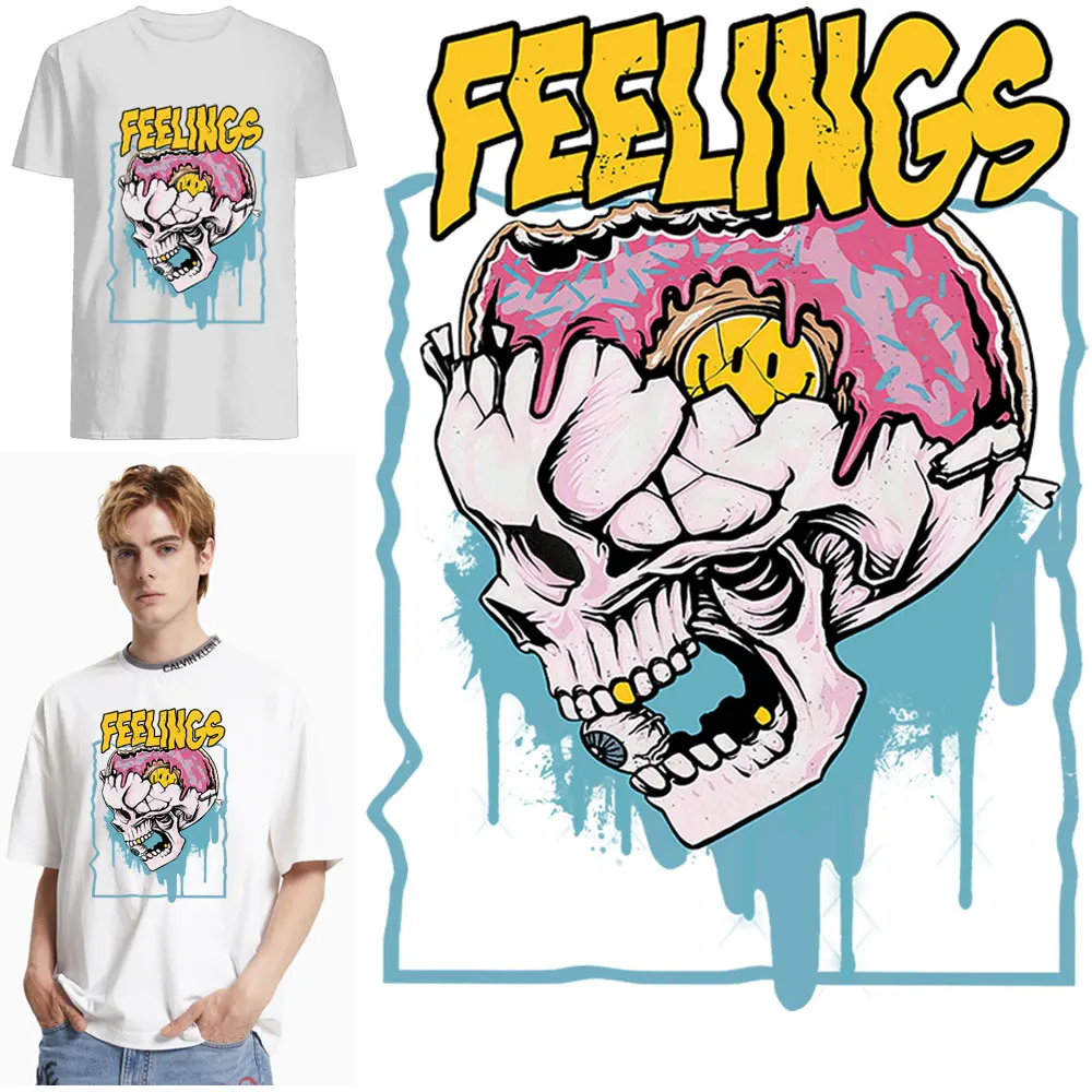 Feelings Punk Skull Patches Thermo Stickers On Clothes DIY Iron On Transfers For Clothing Heat-sensitive For Jackets Washable