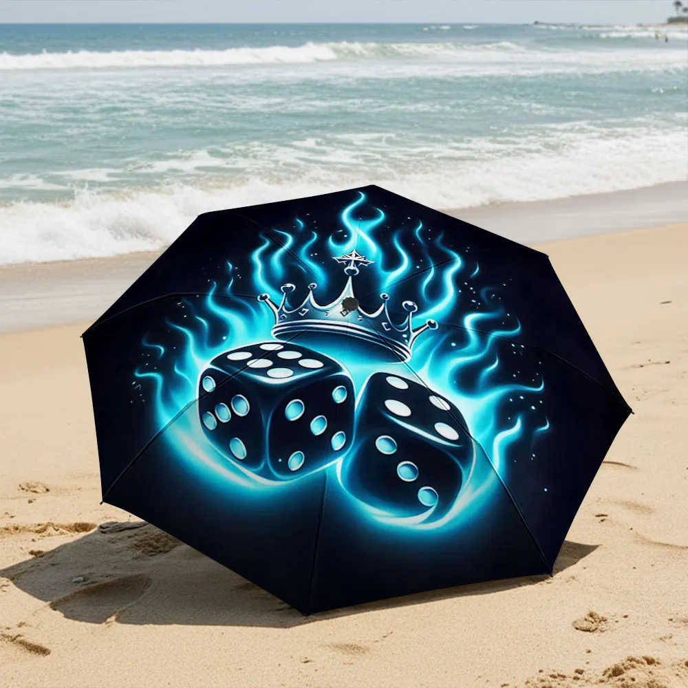 Mystic Blue Fire Dice & Royal Crown Design Compact Fashion Folding Umbrella for Daily Use, Christmas Gift