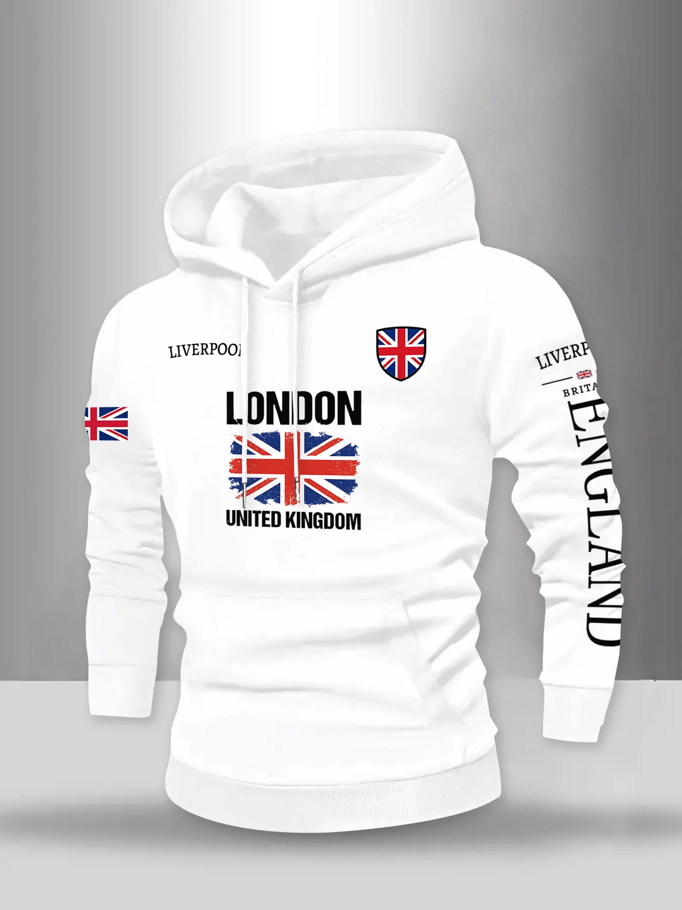 Herren UK London Vereinigtes Königreich Flaggen-Print Hoodie England Liverpool Schriftzug Lässiger Streetwear Weißer Pullover Sweatshirt – Detail 2