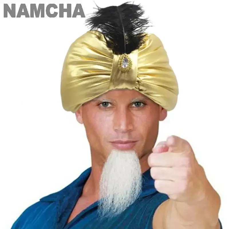 SN55Indian Arab Bright Gold Hat Turban Headwrap Ethnic Feather Pleated Adult Men Sultan Clothes Headdress Hats Halloween Pa@54WE