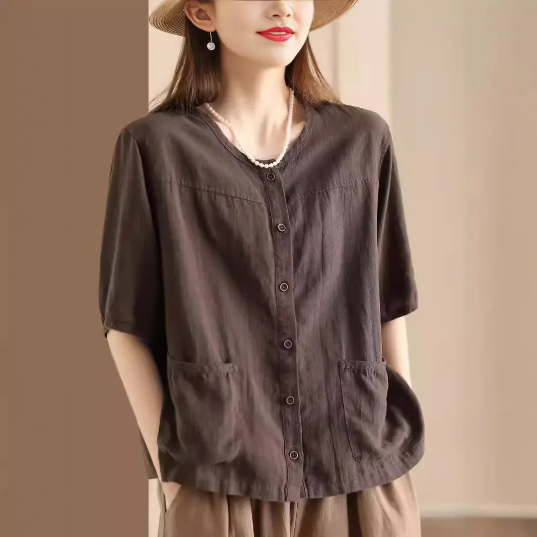 Vintage Artistic Cotton Linen Cardigan 2024 Summer New Pocket Design Women's Casual Ethnic Style Short Sleeves Elegant