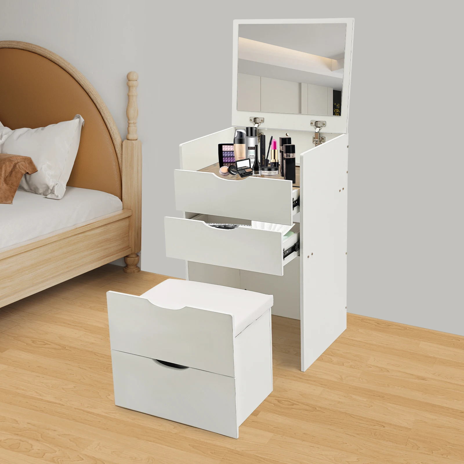 Bureau de coiffeuse 3 en 1 blanc crème moderne avec miroir rabattable, chaise cachée, coiffeuse de maquillage, coiffeuse de maquillage avec 3 tiroirs