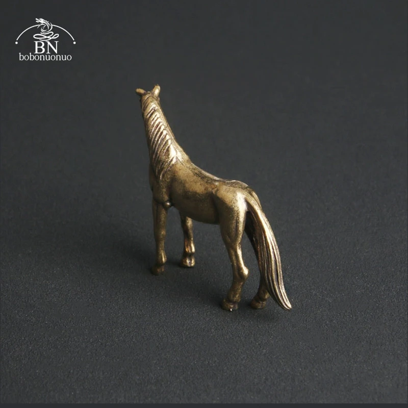 Antique Brass Solid Long Tail Horse Figurines Miniatures Feng Shui Ornaments Copper Zodiac Animal Mini Desktop Decoration Crafts