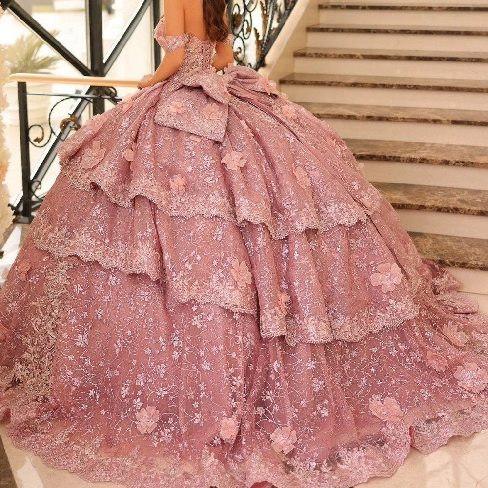 Glitter Rhinestones Sweetheart Neck Princess Quinceanera Dresses Pink 3D Flower Prom Dress Customized Vestidos De 15 Quinceañera