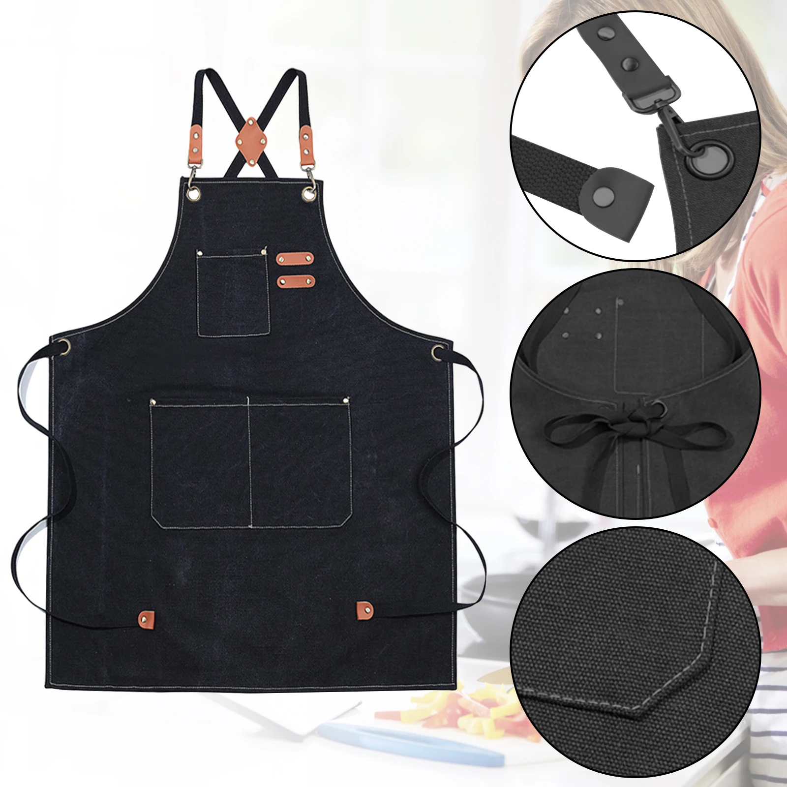 

Canvas Full Body Oil-Proof Cotton Apron Milk Tea Coffee Shop Home Kitchen Gardening Work Denim Apron Set (Including Two Towels)