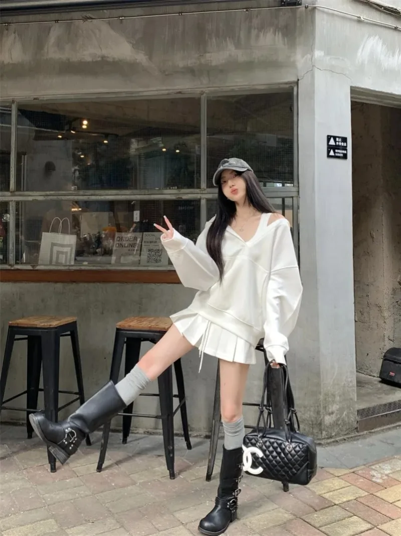 Solid V-neck Hooded Sweatshirt for Women Autumn Fashion Casual Loose Harajuku Hooded Korean Style Pullover Streetwear Y2k Tops