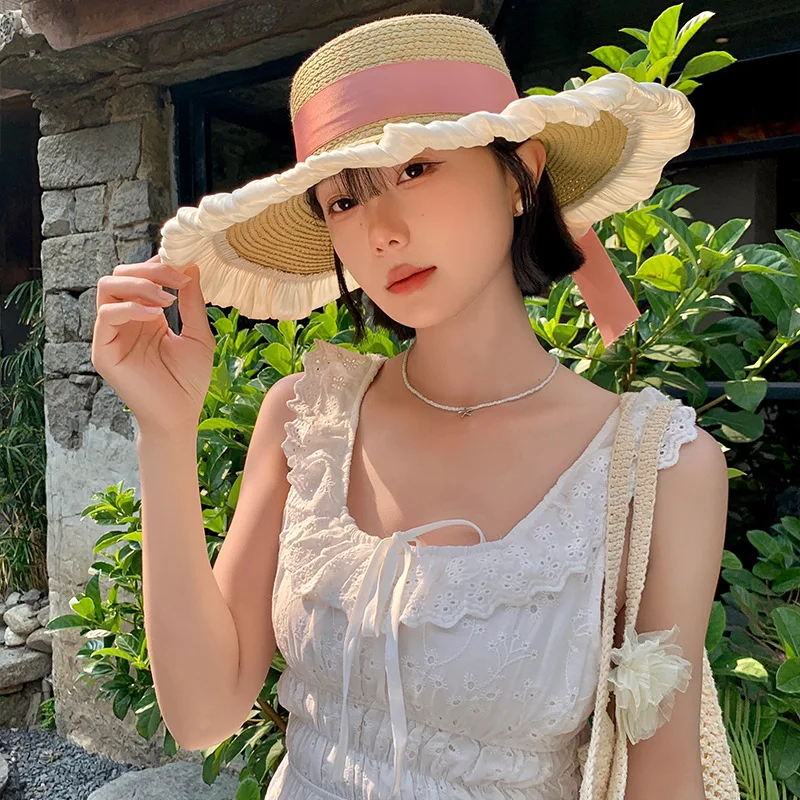 Harajuku Women Straw Hats Beach Sun Hat Sweet Lolita Kawaii Princess ribbon Floral Lace Bow Straw Hat Female Handmade